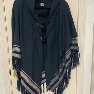 Navy Poncho with Fringe and Toggle Closure
